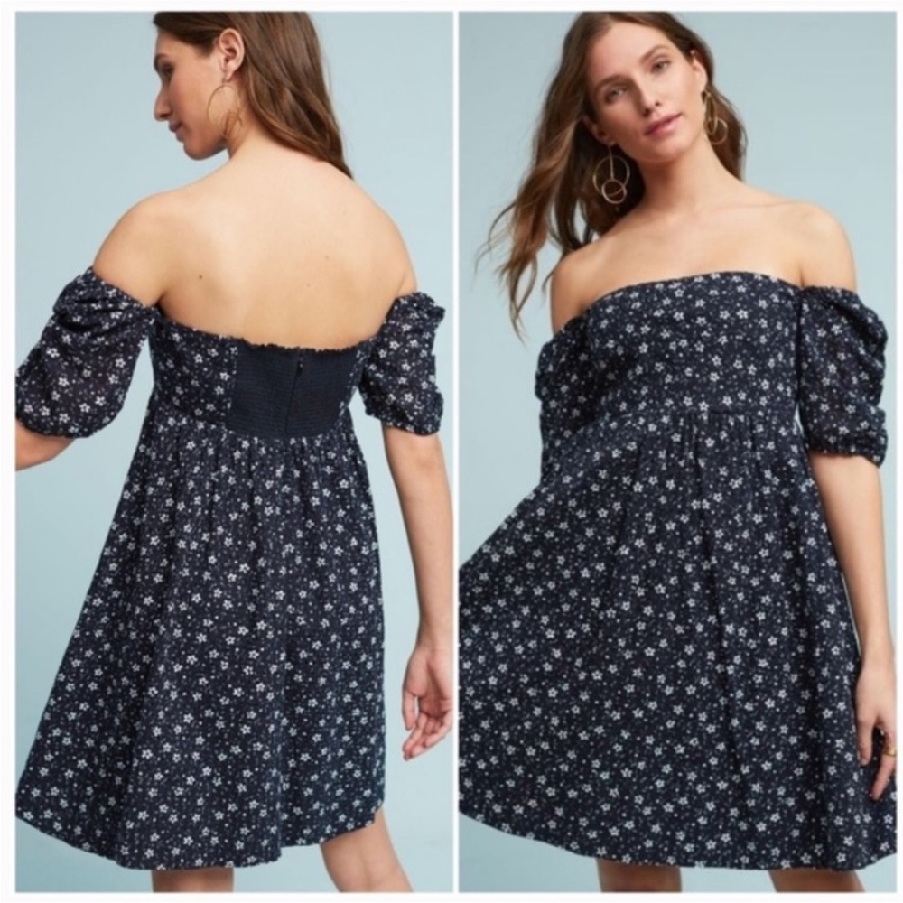 Anthropologie Maeve black & white floral cotton eyelet mini dress. sz 12